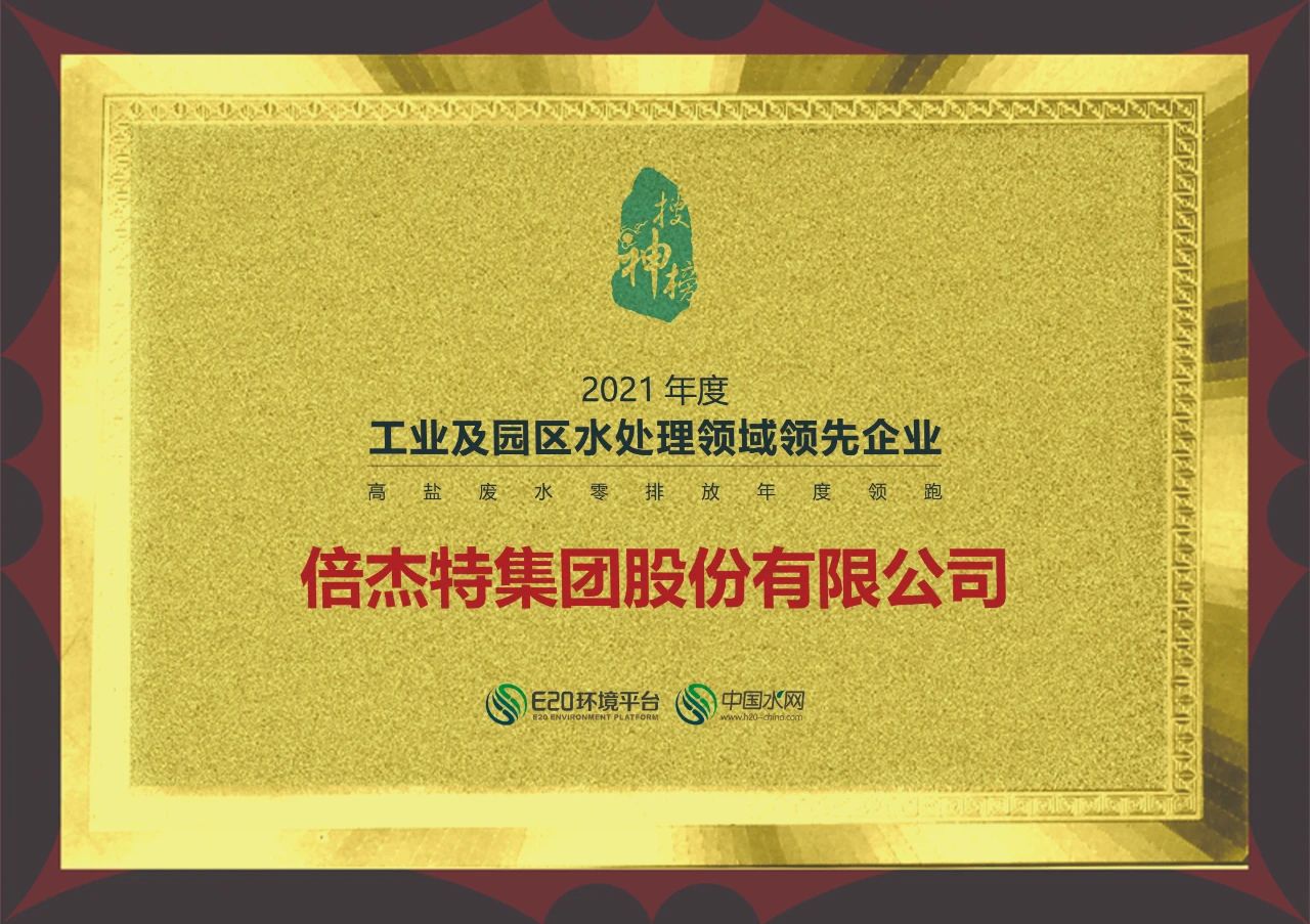 2021年度“工業及園區水處理領域領先企業-高鹽廢水零排放年度領跑企業”