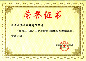 倍杰特集團股份有限公司煤化工副產工業硫酸 鈉榮譽證書