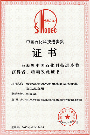 中國石化科技進步獎證書--倍杰特